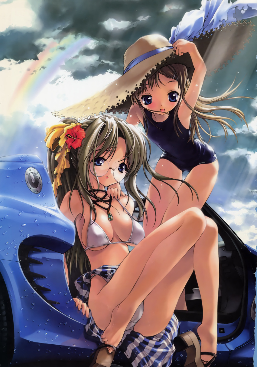 :d absurdres arm_up armpits bangs barefoot bent_over bikini blonde_hair blue_eyes breasts brown_hair car cleavage cloud eyebrows feet flat_chest flower glasses grey_hair hair_flower hair_ornament hairclip hat hibiscus high_heels highres human jewelry large_breasts legs long_hair long_legs lotus miwa_yoshikazu motor_vehicle multiple_girls necklace one-piece_swimsuit open_mouth original outdoors outside panchira_sit panties pantyshot pantyshot_sitting parted_bangs pendant ponytail rainbow rainbow_pattern sandals sarong school_swimsuit shoe_dangle shoes sideboob sitting sky smile standing straw_hat striped sunbeam sunlight swimsuit synthetic_garden toes underboob underwear vehicle wet white_bikini