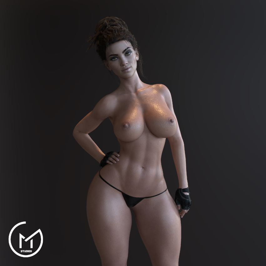 1:1_aspect_ratio 1girl 1girl 1girl 3d abs big_breasts black_gloves black_panties black_thong black_underwear breasts brown_hair brown_nipples cleavage clothing cyberpunk_2077 erect_nipples eyeshadow female_only fingerless_gloves gloves gm_studios hand_on_hip high_resolution lips looking_at_viewer makeup mascara messy_hair muscle nipples no_bra open_mouth panam_palmer panties parted_lips pinup tanned thick_lips thong topless underwear yellow_eyes