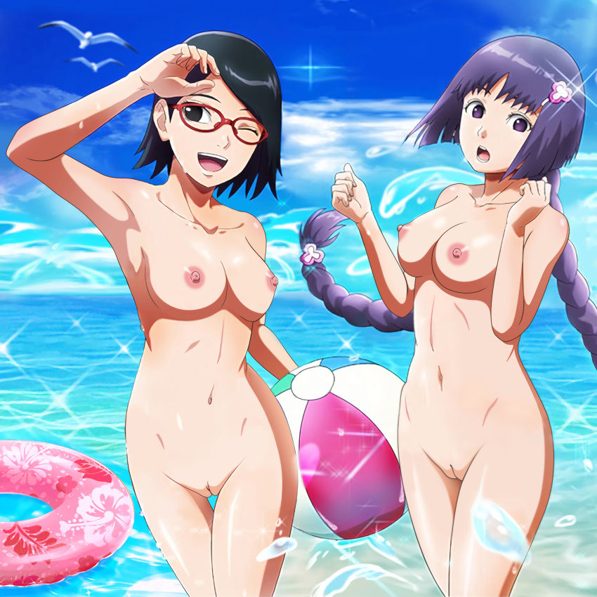 1:1_aspect_ratio 1girl areola armpits beach boruto:_naruto_next_generations breasts completely_nude female_only game_cg high_resolution long_hair medium_breasts multiple_girls naruto nipples nude nude_female nude_filter ocean one_eye_closed oppai public public_nudity puffy_vulva purple_hair pussy sarada_uchiha short_hair sumire_kakei third-party_edit very_high_resolution wink