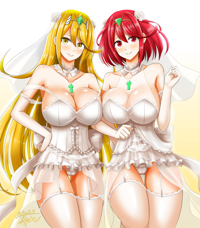 2020 2_girls alluring alternate_costume armor big_breasts blonde_hair blush breastplate breasts bridal_lingerie bridal_veil bride cameltoe cleavage closed_mouth cowboy_shot dated dress dual_persona elbow_gloves female_focus garter_straps gloves gradient gradient_background high_res hisin lingerie long_hair looking_at_viewer matching_hair/eyes multiple_girls mythra mythra_(xenoblade) nintendo panties pyra pyra_(xenoblade) red_eyes red_hair short_hair signature smile standing stockings strap_slip tiara underwear veil very_long_hair wedding_dress white_background white_gloves white_panties xenoblade_(series) xenoblade_chronicles_(series) xenoblade_chronicles_2 yellow_background yellow_eyes