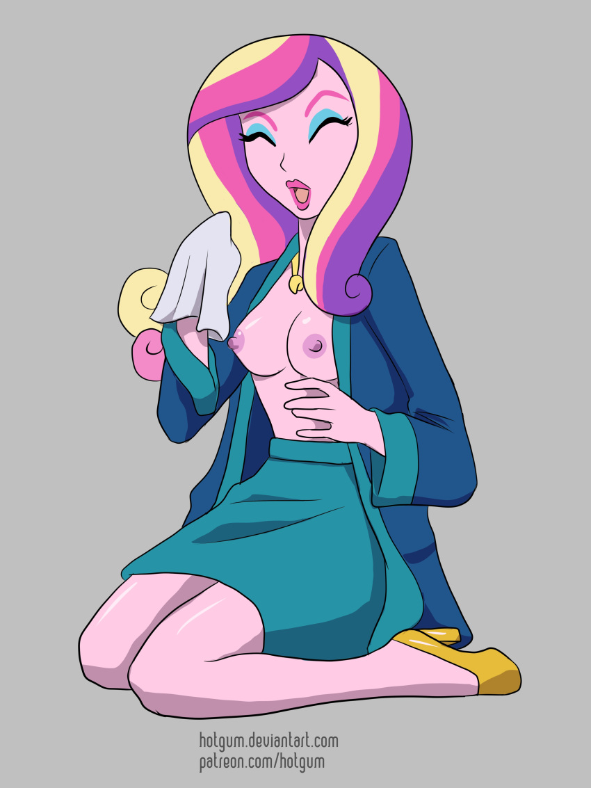 1_girl 1girl breasts closed_eyes clothed dean_cadance dean_cadance_(mlp) equestria_girls exposed_breasts female female_only friendship_is_magic high_heels hotgum my_little_pony no_bra open_mouth princess_cadance skirt skirt_suit solo three-tone_hair unbuttoned
