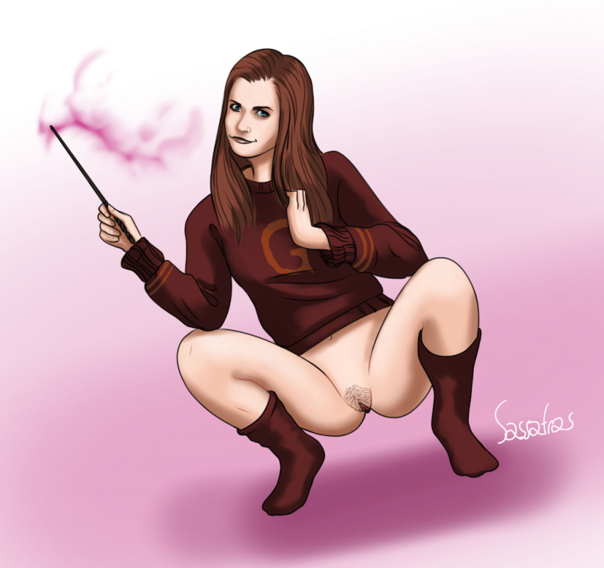 1girl bottomless female female_only ginny_weasley harry_potter no_panties partially_clothed pussy sassafras socks solo wand
