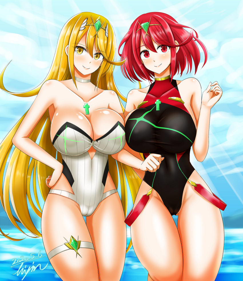 2020 2_girls alluring bangs big_breasts bikini blonde_hair blush breasts cameltoe cleavage competition_swimsuit dated dual_persona female_focus gem hair_ornament headpiece high_res hisin jewelry long_hair looking_at_viewer matching_hair/eyes multiple_girls mythra mythra_(xenoblade) nintendo one-piece_swimsuit pyra pyra_(xenoblade) red_eyes red_hair short_hair shy signature smile standing swept_bangs swimsuit thigh_gap thigh_strap thighs tiara xenoblade_(series) xenoblade_chronicles_(series) xenoblade_chronicles_2 yellow_eyes