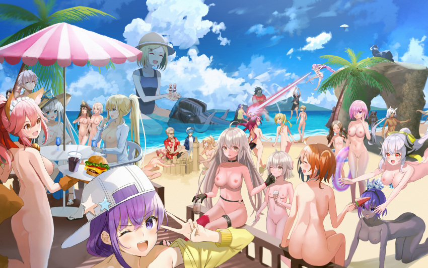 1girl 6+boys 6+girls alternative_age artoria_pendragon ass bangs bare_shoulders beach bikini breasts clothing embarrassed fate/apocrypha fate/extra fate/extra_ccc fate/grand_order fate/prototype fate/prototype:_fragments_of_blue_and_silver fate/stay_night fate/zero fate_(series) high_resolution huge_breasts jeanne_d'arc_(alter) large_filesize male mashu_kyrielite multiple_boys multiple_girls nero_claudius_(fate) nude nude_beach nude_filter nursery_rhyme okita_souji_(fate) sky small_breasts sports swimsuit tamamo_no_mae_(fate) third-party_edit tohsaka_rin tree water_slide white_hair yellow_eyes