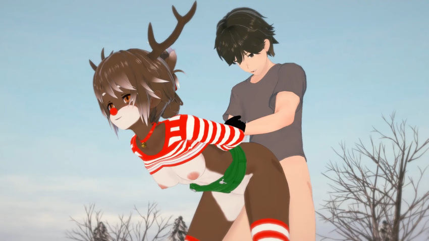 arms_held_back bell bell_collar breasts brown_eyes brown_fur christmas christmas_outfit doggy_position from_behind from_behind_position furry furry_female holiday holidays horns male/female original outside red_nose reindeer reindeer_antlers reindeer_girl striped_pantyhose striped_shirt xmas