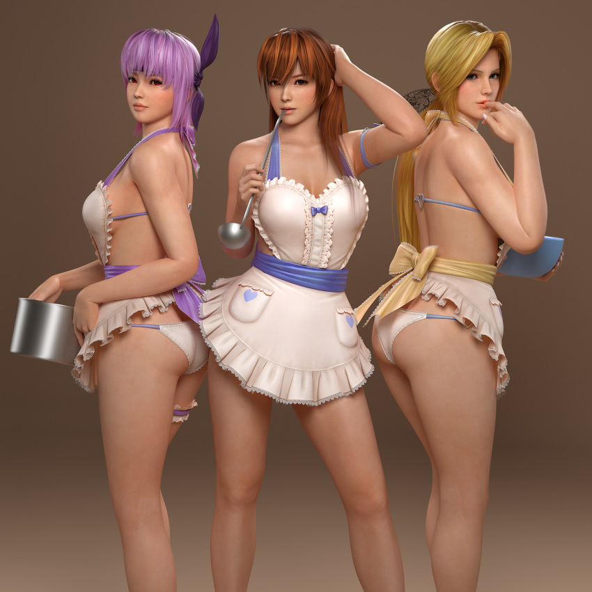 3_girls 3d absurd_res alluring ass ayane ayane_(doa) breasts dead_or_alive dead_or_alive_5 female_focus helena_douglas high_res kasumi kasumi_(doa) kitchen multiple_girls panties radianteld siblings silfs sisters tecmo underwear