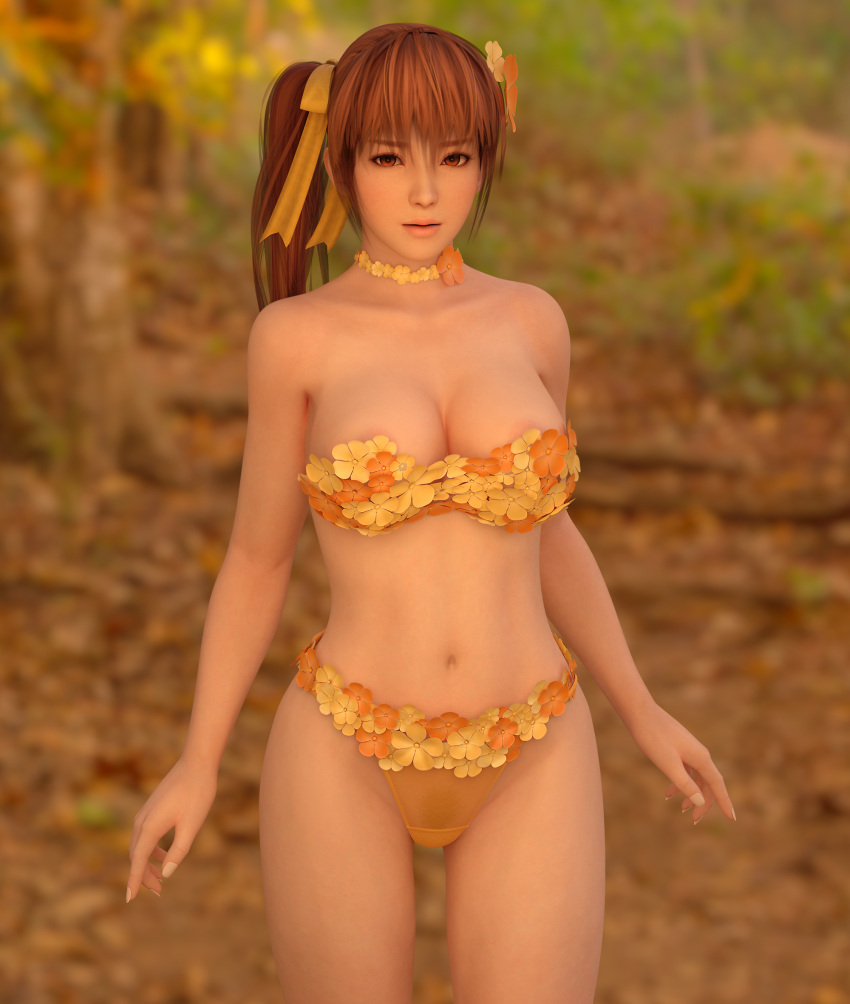 1girl 3d 3d_(artwork) alluring autumn big_breasts bikini breasts brown_eyes brown_hair choker dead_or_alive dead_or_alive_5 female_focus female_only flower flower_hair_ornament flower_in_hair kasumi_(doa) looking_at_viewer matching_hair/eyes navel pubes pubic_hair radianteld see-through_panties side_ponytail standing tecmo