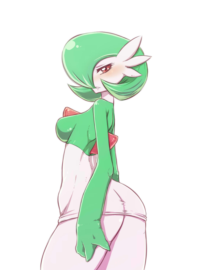 1girl anthro anthrofied ass bad_guys big_breasts blush breasts dress female gardevoir green_hair hair_over_one_eye high_res highres large_breasts no_humans pokemon pokemon_(game) red_eyes short_dress short_hair solo warumono_tomii
