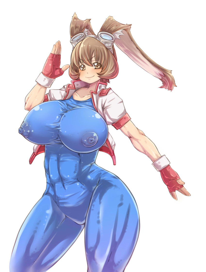 1girl abs animal_ears blush bodysuit breasts brown_eyes brown_hair bunny_ears contrapposto covered_nipples cropped_jacket erect_nipples fingerless_gloves gloves goggles goggles_on_head high_res highres hips huge_breasts makihara_arina muscle salute short_hair skin_tight smile solo spandex taut_clothes thick_thighs thighs waku_waku_7 warumono_tomii wide_hips