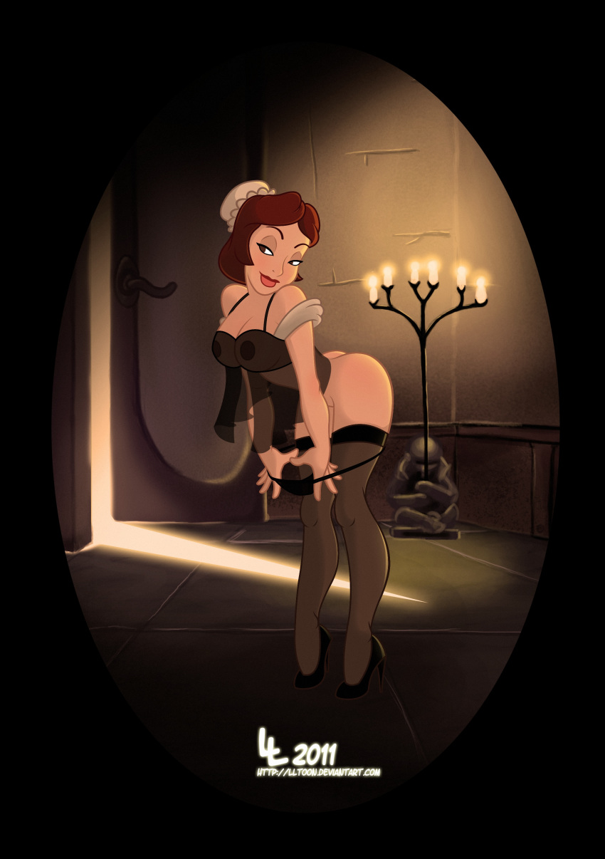 1girl 2011 babette beauty_and_the_beast breasts disney female fifi_(beauty_and_the_beast) high_heels levelord lltoon maid panties panties_pull pulling_panties_down see-through standing stockings
