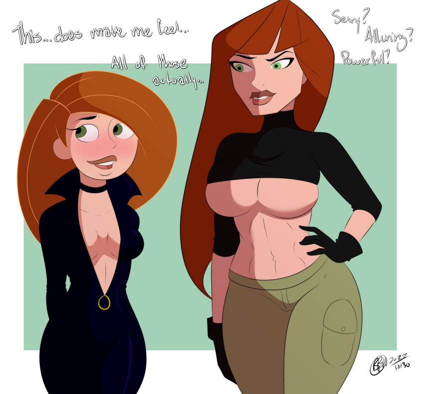2_girls age_difference big_breasts black_widow black_widow_(earth's_mightiest_heroes) breasts bunbunmuffinart clothed_female comic_book_character costume_swap costume_switch crossover dialogue disney english_text female_focus female_only green_eyes high_res kim_possible kimberly_ann_possible light-skinned_female light_skin long_hair marvel marvel_comics mature mature_female natasha_romanoff no_bra sexy sexy_body sexy_breasts superheroine teen teenage teenage_girl text the_avengers:_earth's_mightiest_heroes under_boob younger_female