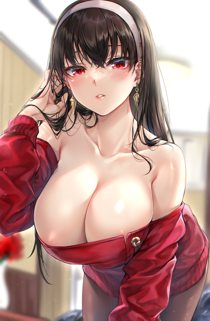 1girl 1girl absurd_res big_breasts black_hair blush breasts cleavage clothed_female earrings female_focus female_only hair_down hairband high_res huge_breasts indoors leaning_forward long_hair looking_at_viewer mature mature_female pantyhose red_clothing red_eyes rei_kun solo_female solo_focus spy_x_family tagme thighs wardrobe_malfunction yor_briar yor_forger