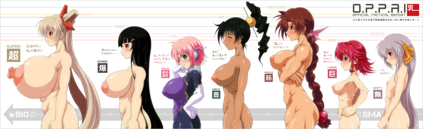 6+girls big_breasts black_hair blonde_hair bodysuit breasts brown_hair bust_chart chart closed_eyes comparison female flat_chest gigantic_breasts green_eyes highres huge_breasts huge_nipples inverted_nipples katsuki_yousuke large_breasts lineup long_hair long_image multiple_girls muscle nipples nude oppai original pink_hair plump profile puffy_nipples red_eyes red_hair short_hair silver_hair small_breasts standing text translation_request very_long_hair wide_image