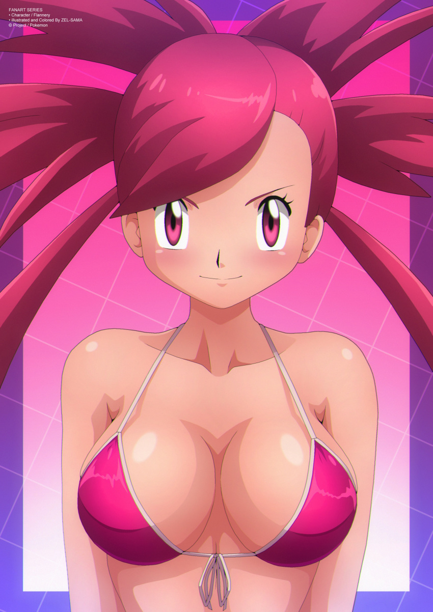 1girl absurd_res alluring big_breasts bikini blush breasts cleavage collarbone creatures_(company) flannery flannery_(pokemon) game_freak grid grid_background high_res long_hair looking_at_viewer nintendo pink_background pink_bikini pokemon pokemon_(game) pokemon_rse ponytail red_eyes red_hair smile standing swimsuit upper_body zel-sama