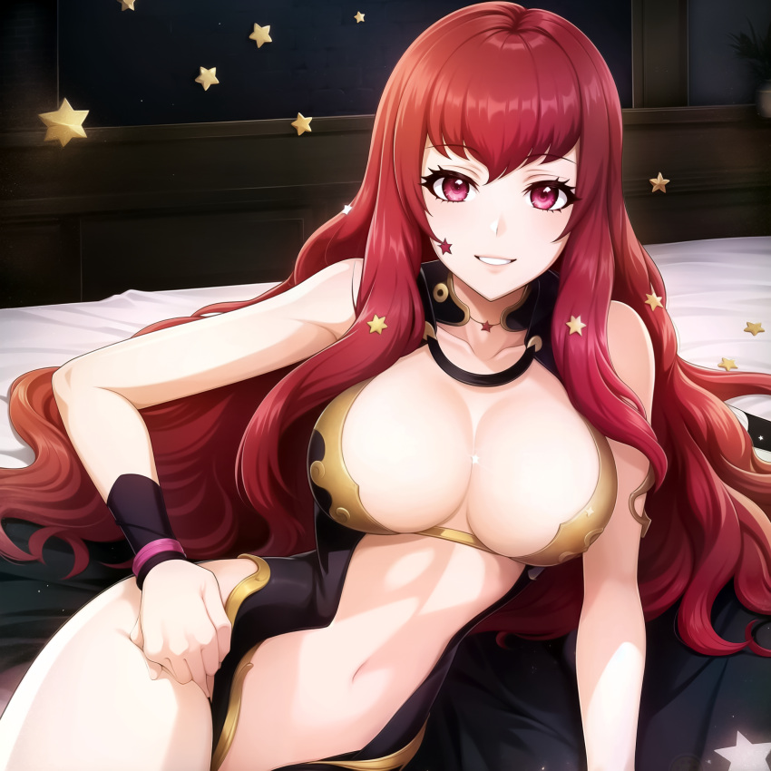 1girl 1girl 1girl alluring alternate_color big_breasts cleavage female_only fire_emblem fire_emblem_engage looking_at_viewer maxipizza on_bed red_eyes red_hair yunaka_(fire_emblem)