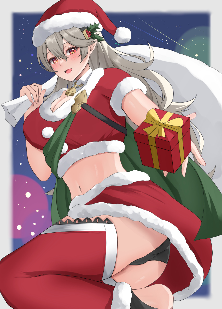 1girl 1girl 1girl alluring ass bag bare_midriff bare_thighs barefoot big_ass big_breasts black_panties box breasts carrying christmas cleavage corrin_(fire_emblem) corrin_(fire_emblem)_(female) female_only fire_emblem fire_emblem_fates gift grey_hair hair_between_eyes hairband hat inner_thighs long_hair looking_at_viewer midriff night nintendo open_mouth outside panties pantyshot peli_cantaro pointy_ears reaching_out reaching_towards_viewer red_eyes sack santa_hat short_sleeves skirt smile snow stockings thighs underwear upskirt very_long_hair