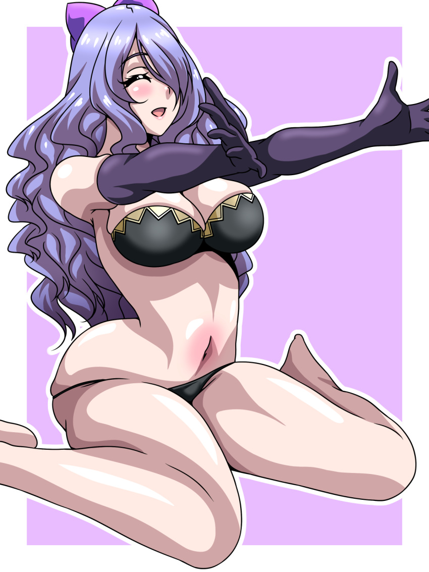 1girl 1girl 1girl alluring bare_legs black_panties bra breasts camilla_(fire_emblem) cleavage closed_eyes elbow_gloves female_only fire_emblem fire_emblem_fates gloves hair_over_one_eye happy inabakun00 incoming_hug inviting kneel legs long_hair medium_breasts nintendo open_mouth panties purple_hair reaching_towards_viewer smile underwear