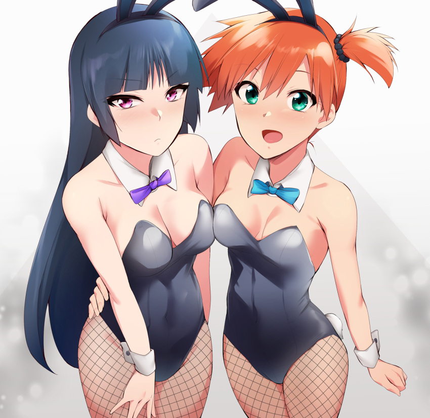 2_girls absurd_res alluring animal_ears black_footwear black_hair black_legwear black_leotard blush breasts cleavage collarbone creatures_(company) fake_animal_ears full_body game_freak green_eyes gym_leader hair_tie hairband high_heels high_res kaiga kasumi_(pokemon) leotard long_hair looking_at_viewer medium_breasts misty misty_(pokemon) multiple_girls nintendo pantyhose playboy_bunny pokemon pokemon_(anime) pokemon_frlg pokemon_gsc pokemon_hgss pokemon_rgby pumps purple_eyes rabbit_ears red_eyes red_hairband sabrina sabrina_(pokemon) shiny_clothes shiny_legwear shoes short_hair simple_background white_background