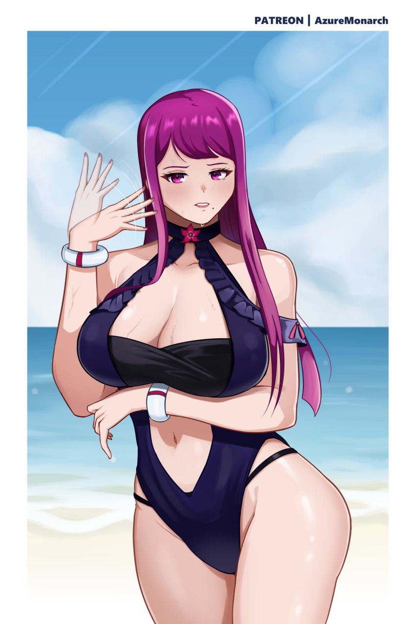 1girl 1girl 1girl alluring alternate_costume arm_under_breasts azure_monarch bangs bare_midriff bare_shoulders bare_thighs beach beauty_mark big_breasts blue_one-piece_swimsuit blue_swimsuit breasts cleavage collarbone day female_only fire_emblem fire_emblem_engage fire_emblem_heroes ivy_(fire_emblem) long_hair midriff mole mole_under_mouth more_at_source nintendo ocean official_alternate_costume one-piece_swimsuit outside pink_eyes purple_hair shoulders sweat swimsuit thighs too_hot waving waving_hand