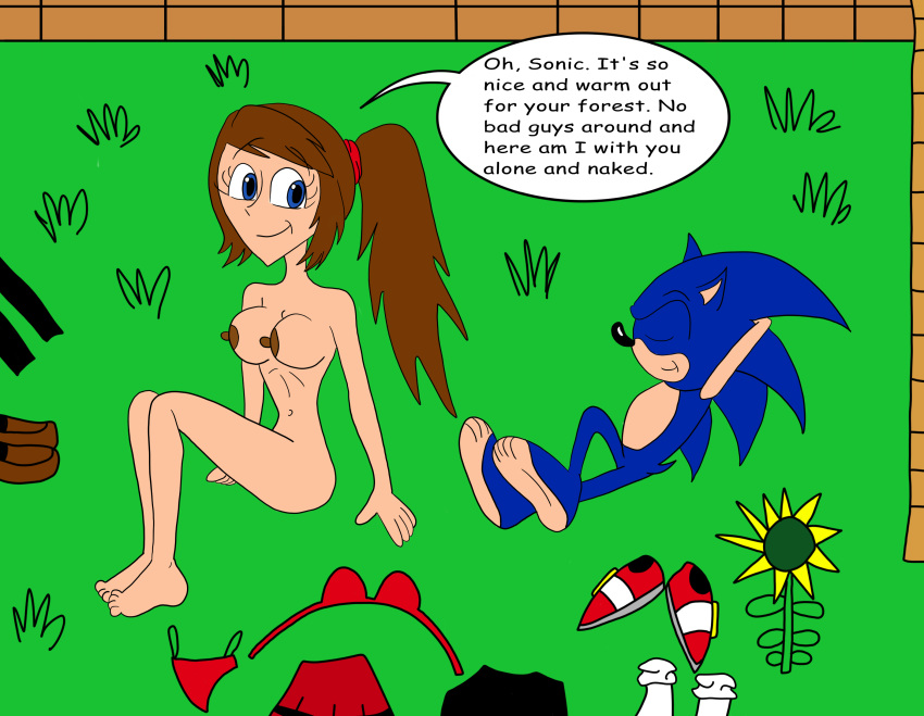 ass barefoot blue_eyes breasts brown_hair closed_eyes closed_mouth english_text feet flower forest furry grass hedgehog laying_down matiriani28 naked_female navel nipples nude outside princess_sara_(sonic) red_shoes relaxing sega sitting_on_grass smile socks sonic_the_hedgehog sonic_the_hedgehog_(series) text text_bubble toes