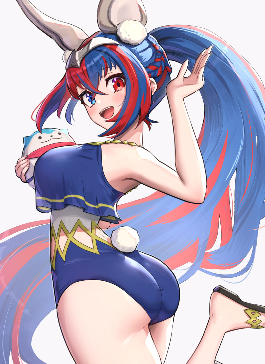 1girl 1girl 1girl :d absurd_res alear_(female)_(fire_emblem) alear_(fire_emblem) alluring alternate_costume alternate_hairstyle animal_ears ass big_ass big_breasts blue_eyes blue_hair blue_oni blue_swimsuit breasts character_doll commentary_request crossed_bangs fake_animal_ears fake_tail female_only fire_emblem fire_emblem_engage gonzarez hair_between_eyes heterochromia high_res long_hair looking_at_viewer looking_back multicolored_hair nintendo official_alternate_hairstyle oni open_mouth ponytail rabbit_ears rabbit_tail red_eyes red_hair smile sommie_(fire_emblem) swimsuit tail teeth two-tone_hair upper_teeth_only very_long_hair white_background