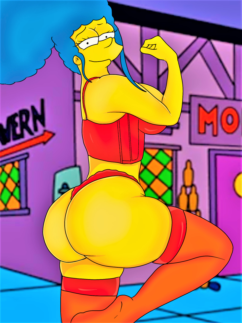 ass big_breasts jona818 lingerie marge_simpson moe's_tavern stockings the_simpsons thighs thong yellow_skin