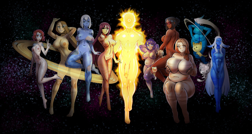 1boy 1girl 6+girls anus ass big_breasts breasts extremely_large_filesize high_resolution huge_breasts large_filesize looking_at_viewer male multiple_girls pussy solar_system spread_legs telepurte very_high_resolution