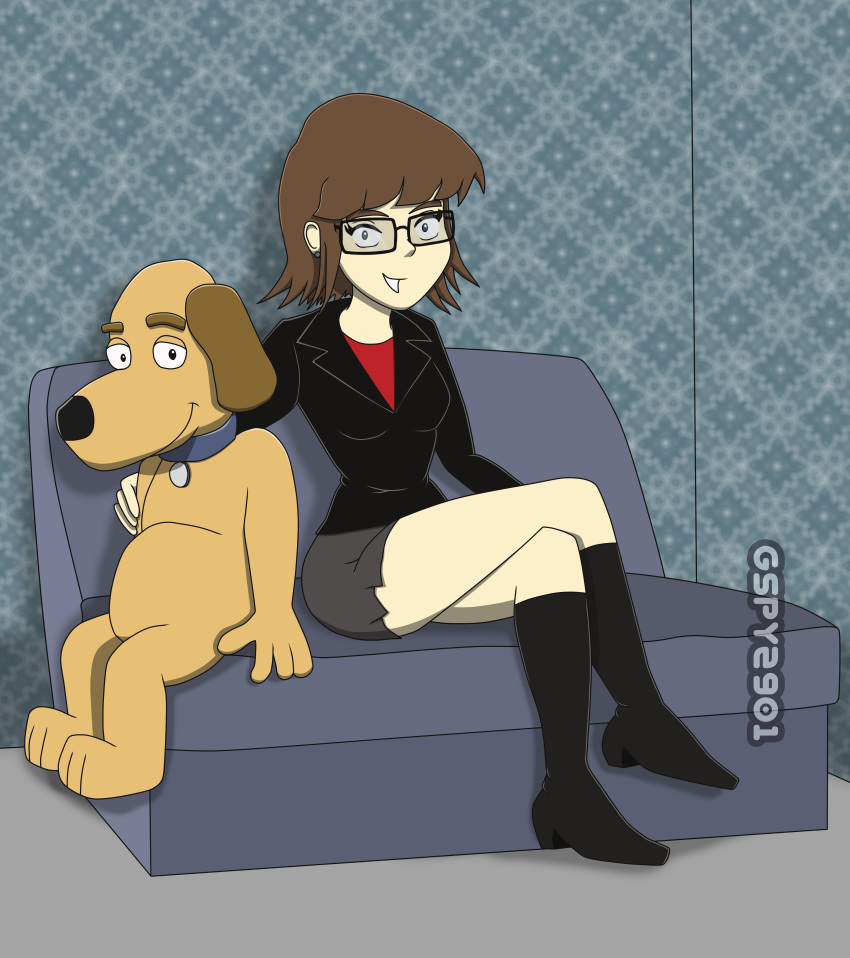 armchair bespectacled boots brown_hair capulina_(gspy2901) clothed_female crossed_legs dog female glasses gspy2901 jacket looking_at_viewer miniskirt original original_characters short_hair sitting skirt stacy_(gspy2901) t-shirt tapestry