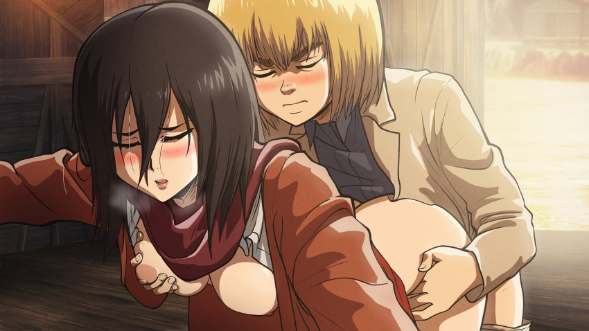 1boy 1girl accurate_art_style ambiguous_penetration areola armin_arlert attack_on_titan black_hair blonde_hair blush breast_grab breasts breasts_out clothed_sex drpizzaboi1 fake_screenshot from_behind hand_on_hip high_res male male/female medium_breasts mikasa_ackerman nipples on_model partially_clothed scarf sex shingeki_no_kyojin straight style_emulation style_imitation style_parody stylized