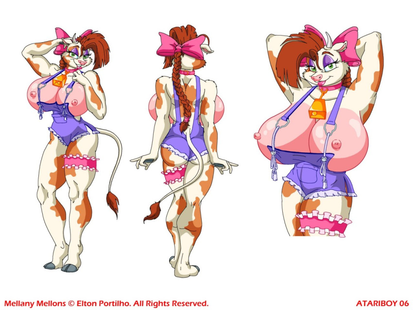 2006 anthro ass atariboy big_ass big_breasts bovine breasts brown_hair cattle collar color cow cow_bell cowbell female green_eyes hair horn huge_breasts mellany_mellons model_sheet multiple_angles nipples skimpy tail