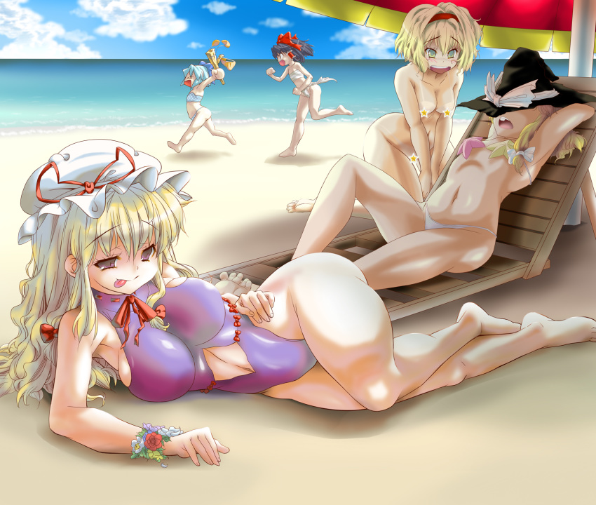 &gt;_&lt; 5_girls 5girls :p age_difference alice_margatroid angry arms_behind_head barefoot beach big_breasts bikini bikini_tan black_hair blonde_hair blue_hair bow breasts censored chasing cirno clenched_hand clenched_hands closed_eyes clothes_thief clothing_thief cloud clouds curvy feet female fist flat_chest fundoshi green_eyes hair hair_bow hairband hakurei_reimu hand_on_hip hat headgear highres hips kirisame_marisa kneel kneeling long_hair lying mayo mayo_(inumayo) mayo_(pixiv) multiple_girls navel novelty_censor nude ocean on_side one-piece_swimsuit open_mouth outside pasties plump purple_eyes ribbon ribbons running sand sarashi sea short_hair sideboob sky sleeping small_breasts star stars swimsuit swimsuit_thief tan tan_line theft thighs toes tongue tongue_out touhou umbrella water wide_hips witch_hat yakumo_yukari zenra