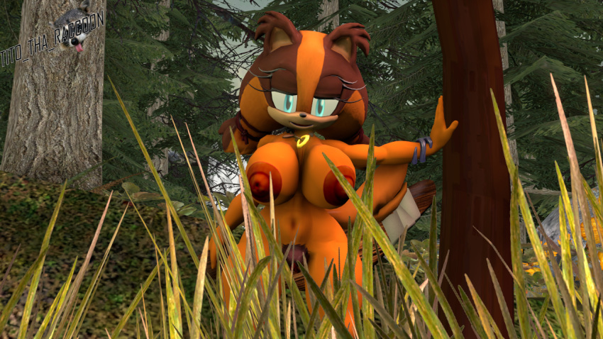 2020 3d 3d_(artwork) absurd_res areola badger big_breasts blue_eyes breasts digital_media_(artwork) genitals huge_breasts intersex looking_at_viewer mammal mustelid nipples nude pussy smile sonic_boom sonic_the_hedgehog_(series) source_filmmaker sticks_the_jungle_badger thick_thighs tito_tha_raccoon