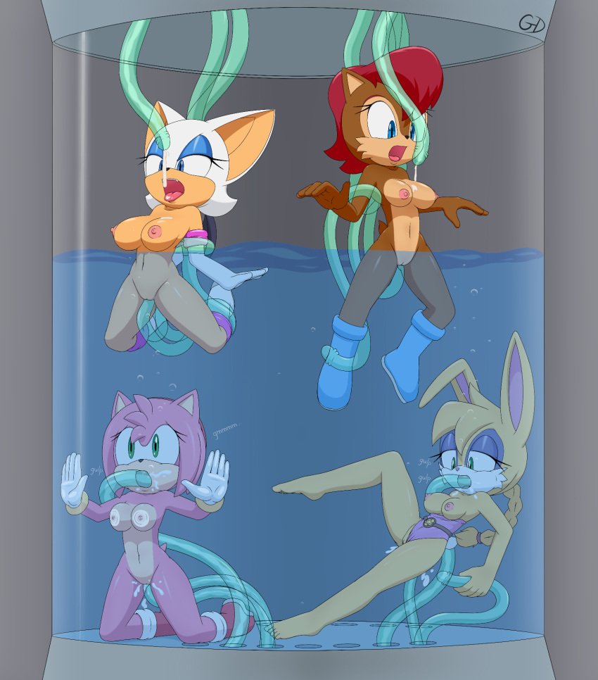 1girl 4girls amy_rose animal_ears artist_signature belt blue_eyes boots breasts bunnie_rabbot cameltoe female_only furry gevind gloves green_eyes nipples nude pussy rouge_the_bat sally_acorn sega sonic_the_hedgehog_(series) submerged tentacle underwater water