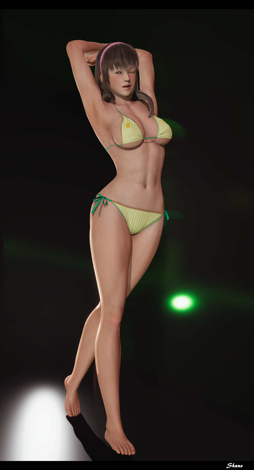 1girl 3d abs alluring arms_up athletic_female big_breasts bikini blue_eyes blush brown_hair cute cute_face dead_or_alive dead_or_alive_2 dead_or_alive_3 dead_or_alive_4 dead_or_alive_5 dead_or_alive_6 dead_or_alive_xtreme dead_or_alive_xtreme_2 dead_or_alive_xtreme_3_fortune dead_or_alive_xtreme_beach_volleyball dead_or_alive_xtreme_venus_vacation female_abs female_only fit_female headband hitomi hitomi_(doa) honey_select_2 long_hair looking_at_viewer pose posing shanodeshano studio_neo tecmo thick_thighs wink