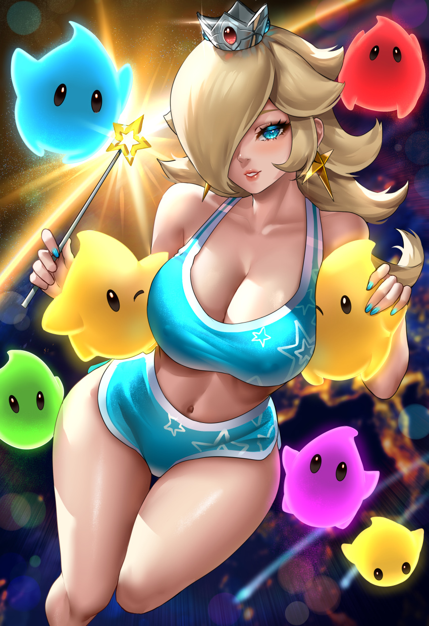 1girl 2022 absurd_res alluring artist_signature big_breasts blonde_hair blue_eyes booty_shorts breasts cleavage clothed clothed_female crown dolphin_shorts earrings enmanuelart20 hair_over_one_eye hips holding_object huge_breasts long_hair looking_at_viewer luma nintendo patreon_username princess princess_rosalina rosalina short_shorts shorts slim_waist smile sport_shorts sports_bra sportswear super_mario_bros. tank_top thick_thighs thighs wand wide_hips
