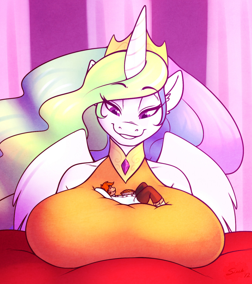 anthro big_breasts breasts clothing crown equine female friendship_is_magic furry hair happy horn horse huge_breasts jewelry larger_female multicolored_hair my_little_pony pie pony princess_celestia princess_celestia_(mlp) purple_eyes royalty sheela size_difference smaller_male smile unicorn white_fur winged_unicorn wings