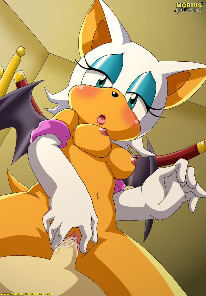 anthro bat bbmbbf black_nose blush breasts cowgirl_position cum cum_in_pussy cum_inside eye_shadow female furry gloves hetero human lipstick looking_at_viewer makeup male mobius_unleashed navel nipples nude open_mouth palcomix penetration penis pov pussy_juice rouge_the_bat sega sex sonic_(series) sonic_team sonic_the_hedgehog_(series) spread_legs spreading tail tongue vaginal vaginal_penetration wings