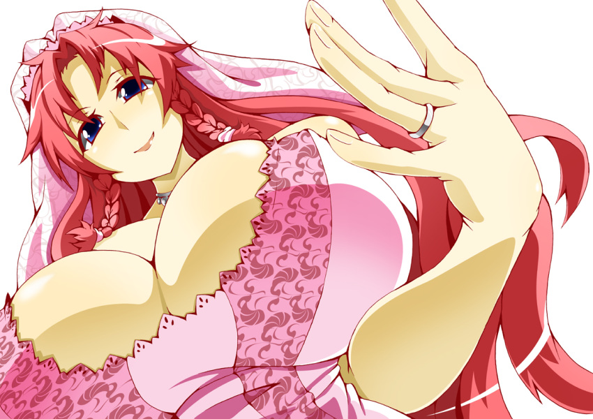 1girl blue_eyes breasts cleavage dress female from_below hong_meiling huge_breasts jewelry red_hair ring solo the_embodiment_of_scarlet_devil toudori touhou wedding_dress