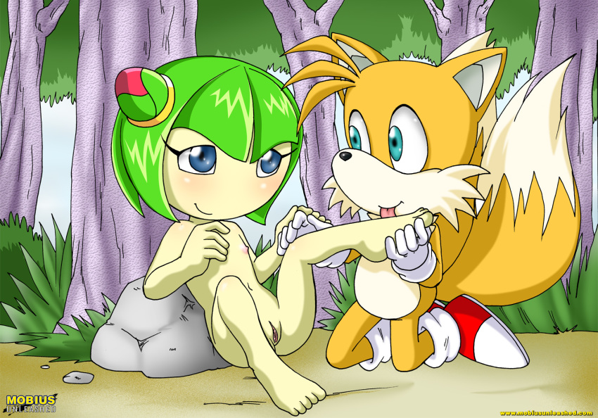anthro bbmbbf blue_eyes butt canine cosmo_the_seedrian female flat_chested fox fur furry green_hair hair licking male mammal miles_"tails"_prower mobius_unleashed nipples nude palcomix pussy sega sonic_(series) sonic_the_hedgehog_(series) sonic_x tongue video_games young