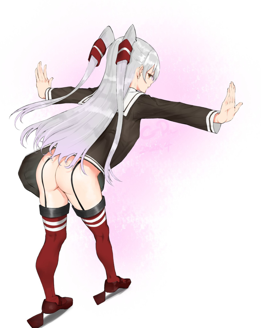 1girl 1girl 1girl amatsukaze_(kantai_collection) ass breasts brown_dress c-da dress erect_nipples erect_nipples_under_clothes from_behind full_body garter_straps gloves hair_tubes high_resolution kantai_collection lifebuoy lingerie long_hair looking_at_viewer looking_back nipples nopan outstretched_arms red_legwear sailor_dress see-through short_dress silver_hair single_glove small_breasts standing stockings striped striped_legwear two_side_up windsock