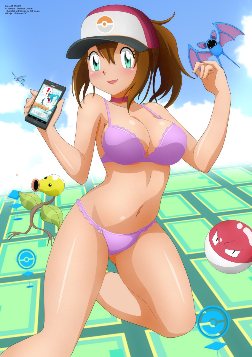 1girl alluring ambiguous_gender articuno avian bellsprout belly black_eyes blush bra breasts brown_hair cleavage clothed creatures_inc. female_only female_protagonist_(pokemon_go) feral game_freak green_eyes hat holding legendary_pokemon looking_at_viewer navel nintendo open_mouth panties phone pink_bra pink_panties plant pokemon pokemon_(anime) pokemon_go pokemon_rgby ponytail smile text tongue voltorb watermark zel-sama zubat