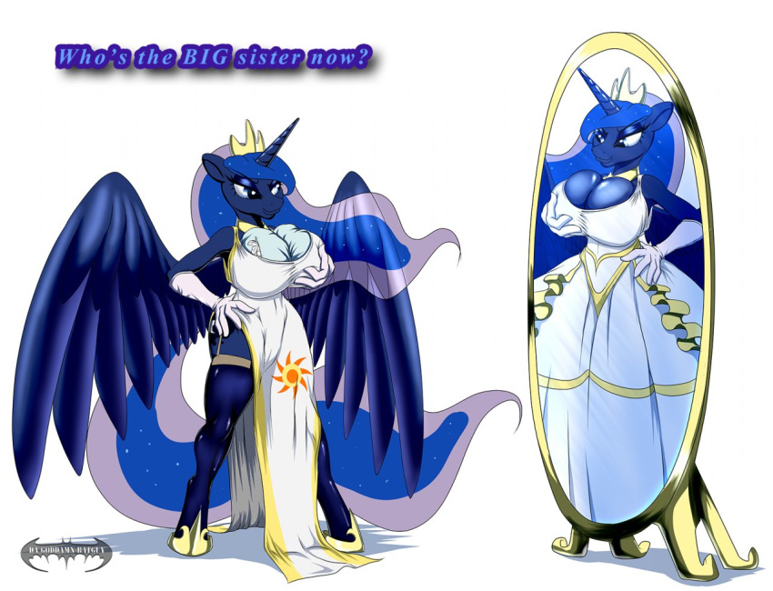 2012 blue_eyes blue_hair breasts clothing crown da_goddamn_batguy english_text equine female friendship_is_magic hair horn horse mirror my_little_pony plain_background pony princess_luna reflection solo text white_background winged_unicorn wings