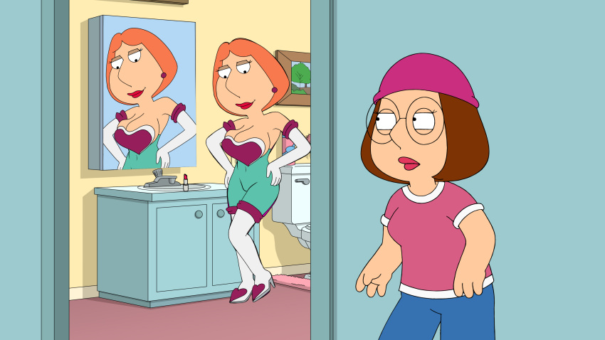 breasts dress family_guy glasses hat high_heels lois_griffin meg_griffin stockings thighs