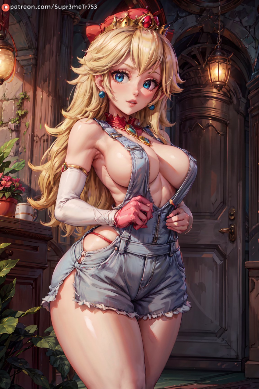 1girl ai_generated alternate_clothing alternate_costume big_breasts blonde_hair blue_eyes breasts cleavage clothing curvaceous curvy curvy_body curvy_female curvy_figure denim_clothing denim_overalls female female_only indoors long_hair looking_at_viewer mario_(series) nintendo no_bra overalls plumber princess_peach sideboob small_waist solo_female standing super_mario_bros. supr3metr thick_thighs thighs wide_hips work_clothes