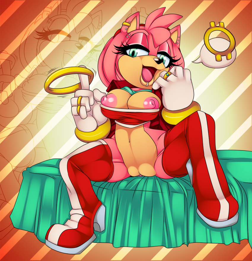 1girl amy_rose breasts crystal-for-ever female female_only hedgehog looking_at_viewer navel nipples piercing pussy sega solo sonic_*(series) sonic_the_hedgehog_(series)