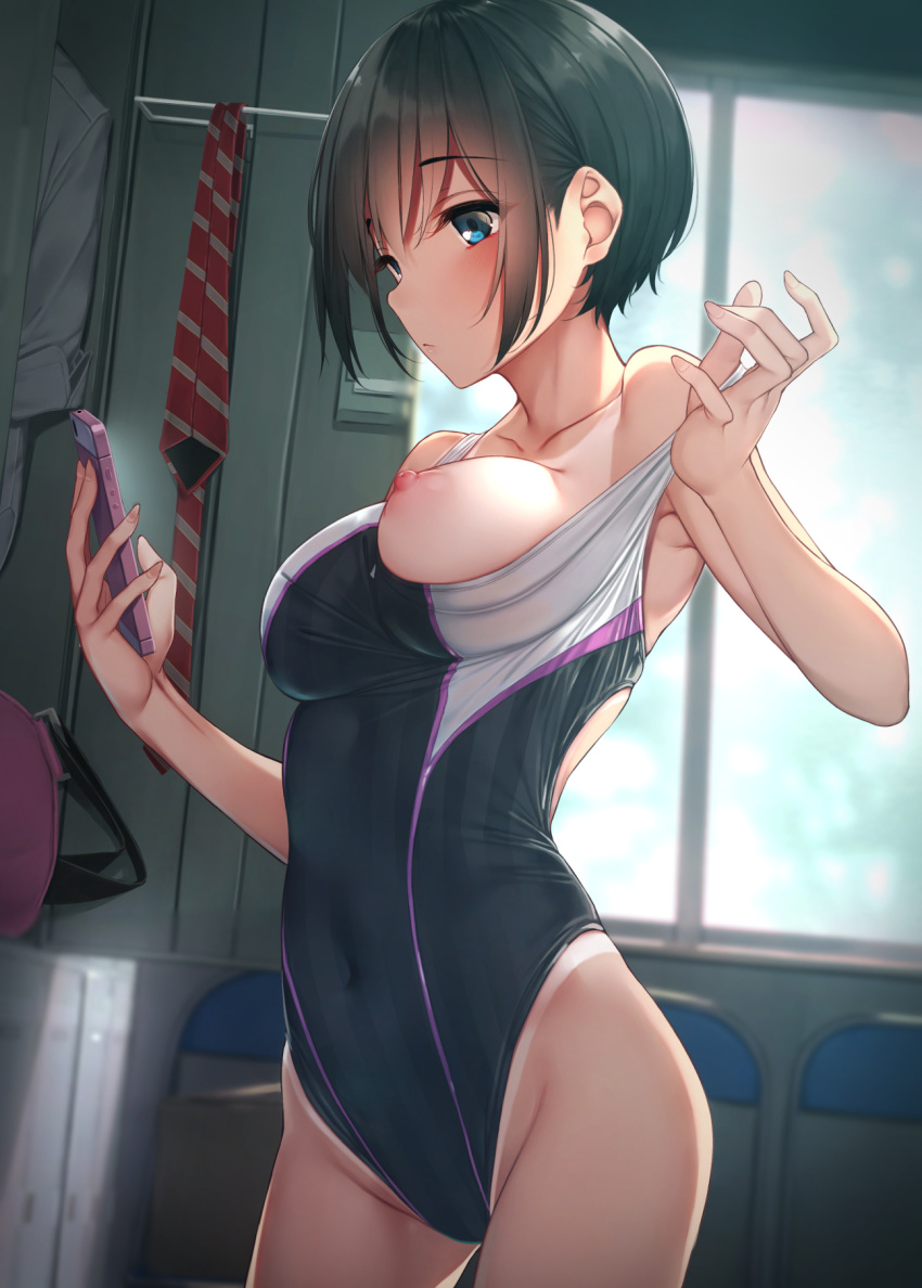 1girl areola bag bangs black_hair black_swimsuit blue_eyes breast_slip breasts cameltoe cellphone chair changing_room clavicle competition_swimsuit covered_navel crotch_lines expressionless eyebrows_visible_through_hair female female_only folding_chair groin groin_tendon high_resolution holding holding_object holding_phone indoors iphone medium_breasts neck_tie nipples one-piece_swimsuit one_breast_out_of_clothes original phone pulled_by_self rerrere shirt sidelocks smartphone solo standing swimsuit swimsuit_pull tan_line tanned undressing waterdog white_shirt window