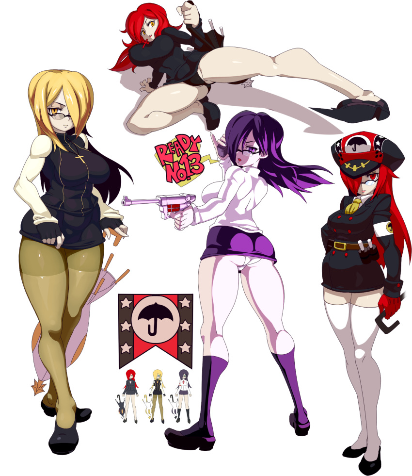 1girl alternate_color alternate_costume arm_support armband ass bespectacled big_breasts black_panties blonde_hair breasts character_sheet closed_umbrella cross cross_necklace english erin_fitzgerald fingerless_gloves flats flying_kick frown glasses gloves gun hair_over_one_eye handgun hat high_heels high_res highres huge_ass huge_breasts impossible_clothes impossible_shirt jewelry jill_besson_(vordandan) kicking krieg_(skullgirls) lab_zero_games large_breasts legs lips long_hair looking_back luger_p08 microskirt military military_uniform miniskirt multiple_persona neck_tie necklace necktie open_mouth over-rim_glasses panties pantyhose pantyshot parasoul_(skullgirls) peaked_cap pinky_out pistol purple_eyes purple_hair red_eyes red_gloves red_hair semi-rimless_glasses shadow shirt shoes simple_background skirt skullgirls socks solo stockings sweater thick_thighs thighhighs thighs toned umbrella unaligned_breasts underwear uniform upskirt vaginal venus_lovelace_(skullgirls) vordandan walkie-talkie weapon white_background white_legwear white_panties yellow_eyes