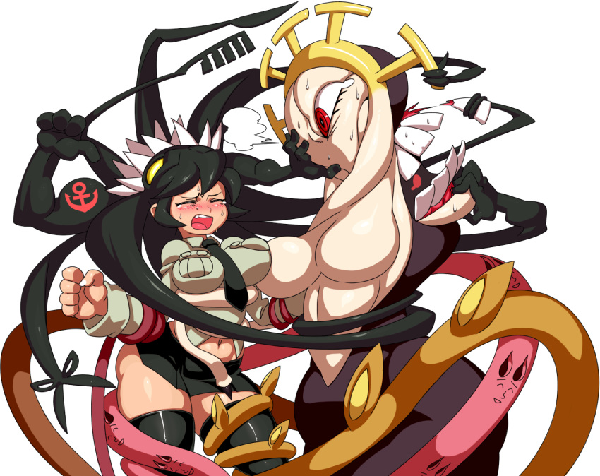 1girl 2girls angry annoyed asymmetrical_docking big_breasts black_hair black_legwear blush breast_press breasts closed_eyes double_(skullgirls) extra_mouth fighting filia_(skullgirls) futakuchi-onna hair hands huge_breasts impossible_clothes impossible_shirt jill_besson_(vordandan) large_breasts long_hair miniskirt monster monster_girl multiple_girls mutant navel neck_tie necktie open_mouth ouch pain prehensile_hair red_eyes samson_(skullgirls) sexually_suggestive shirt simple_background skirt skullgirls smile standing stockings sweat tears teeth tentacle tentacles thick_thighs thighhighs thighs tongue vordandan white_background yellow_eyes zettai_ryouiki