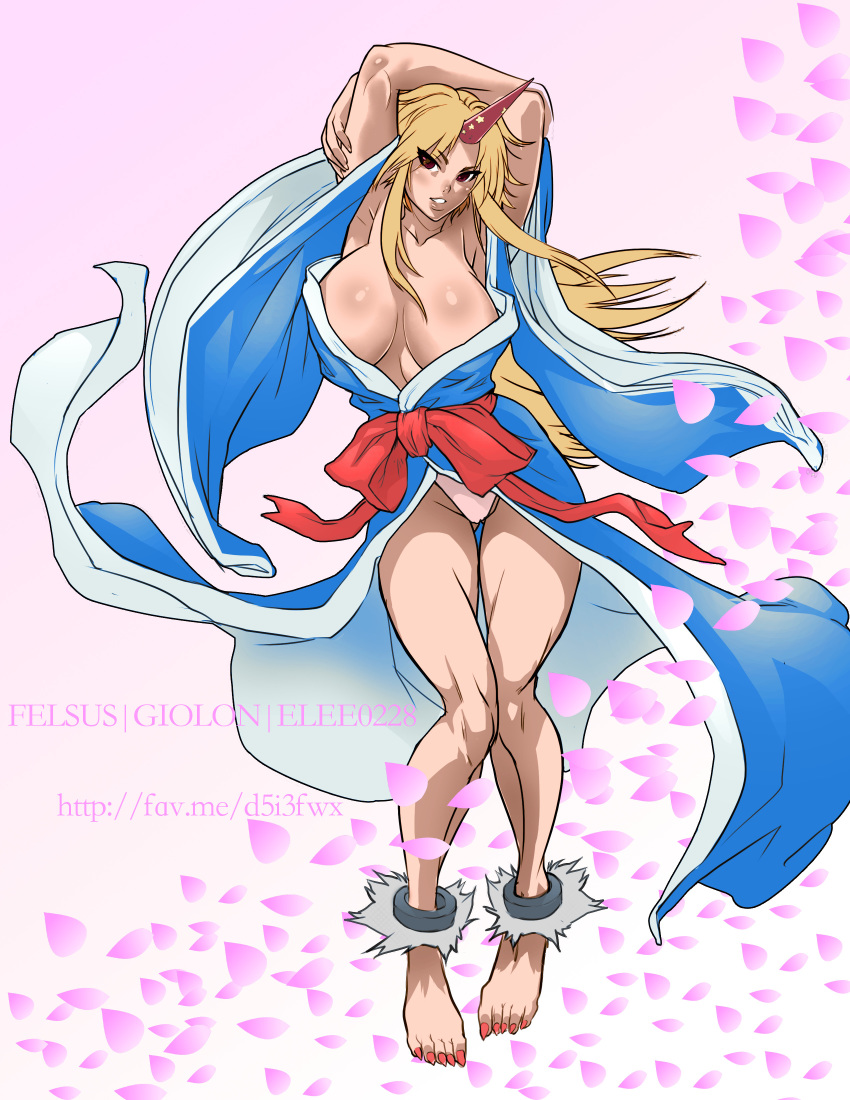 1girl absurdres armpits arms_up barefoot blonde_hair breasts collaboration cuffs elee0228 felsus female high_res highres horn hoshiguma_yuugi huge_breasts japanese_clothes kimono long_hair no_bra open_clothes open_kimono panties petals pigeon-toed red_eyes shackle shackles solo thick_thighs thighs toenail_polish touhou underwear watermark web_address wide_sleeves