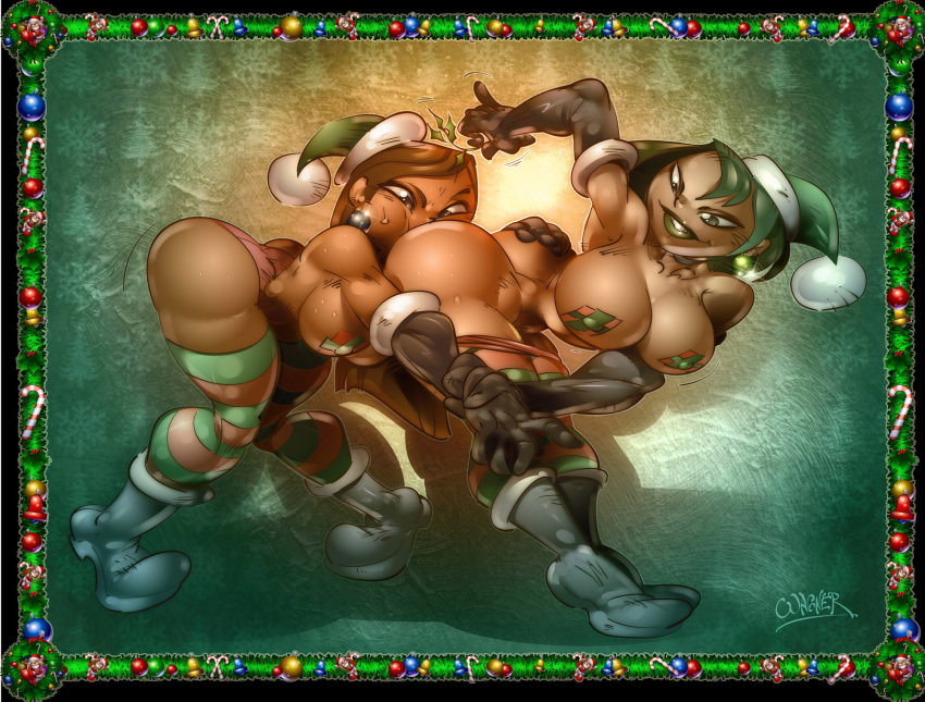 asian asian_female big_breasts black_eyes black_hair boots breasts butt cartoon_network christmas dyed_hair ear_piercing earrings funny gloves goth green_hair green_lipstick gwen_(tdi) hat heather_(tdi) hourglass_figure jewelry kissing long_hair looking_back mistletoe multicolored_hair navel pale-skinned_female panties panties_around_leg panties_down piercings pink_panties shiny shiny_skin short_hair smile stockings striped sweat thick_ass thick_legs thick_thighs topless total_drama_island two_tone_hair underwear wagner